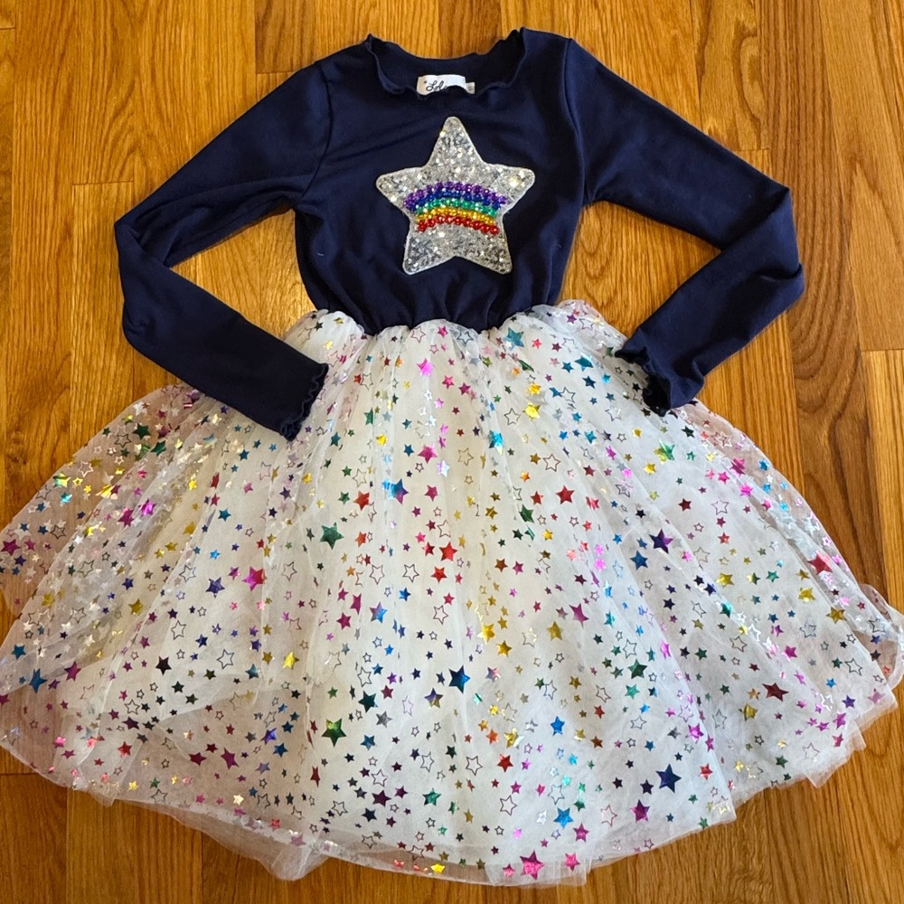 Lola + The Boys Navy and Multicolor Star Dress with sparkly tulle skirt ✨
